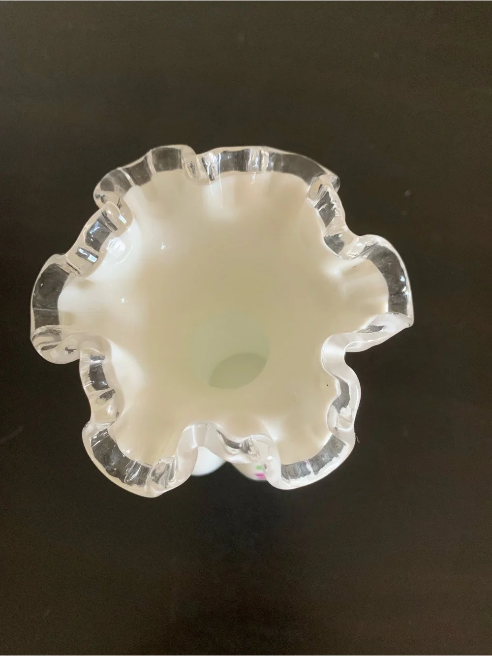 Fenton Silver Crest Milk Glass “Violets in the Snow” Ruffle Edge Melon Vase